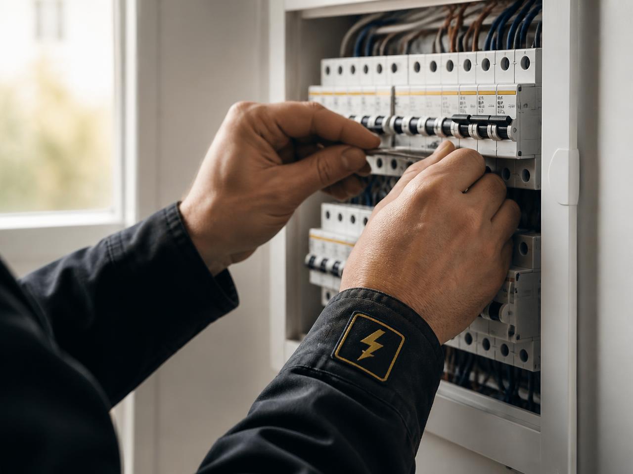 Närbild på elektrikerns händer som kopplar in kablar i en elcentral