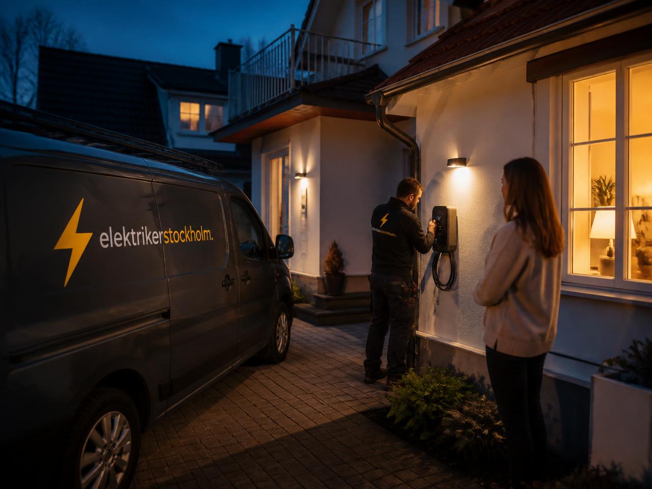 Laddbox monterad på villafasad med elbil som laddar i skymning