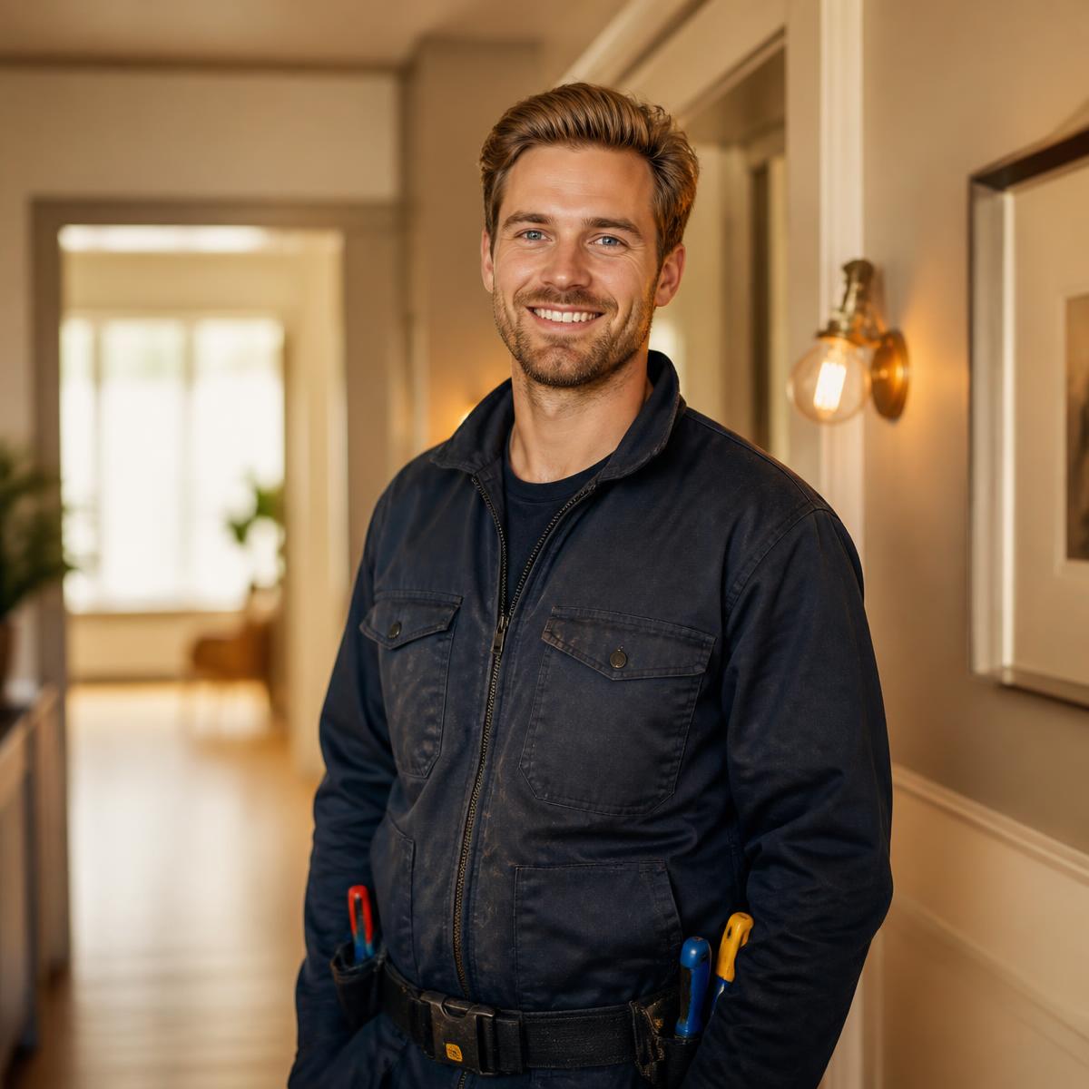 Leende elektriker i arbetskläder i en hall